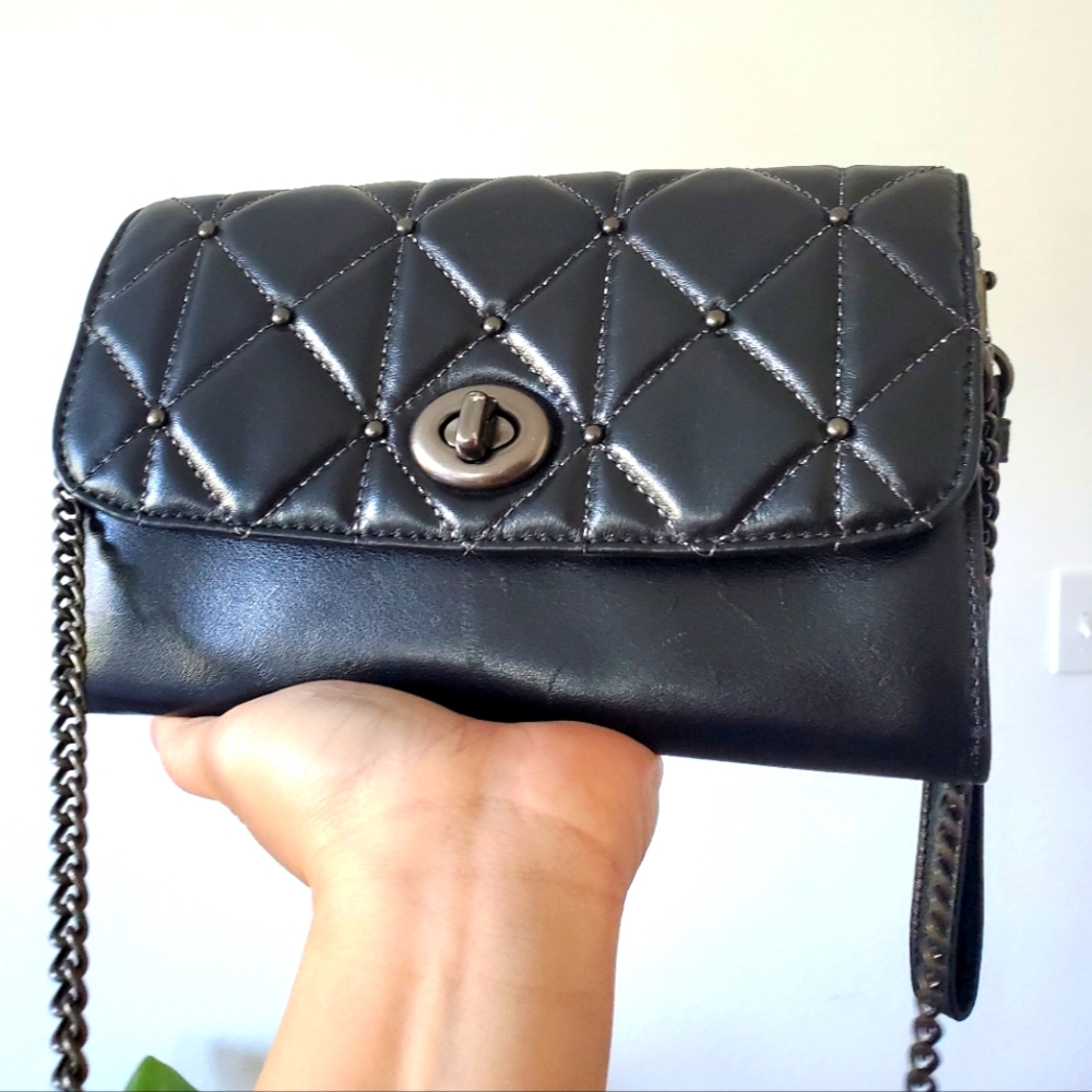 Coach Studded Black Leather Vintage Wallet Clutch Crossbody Bag Handbag Purse